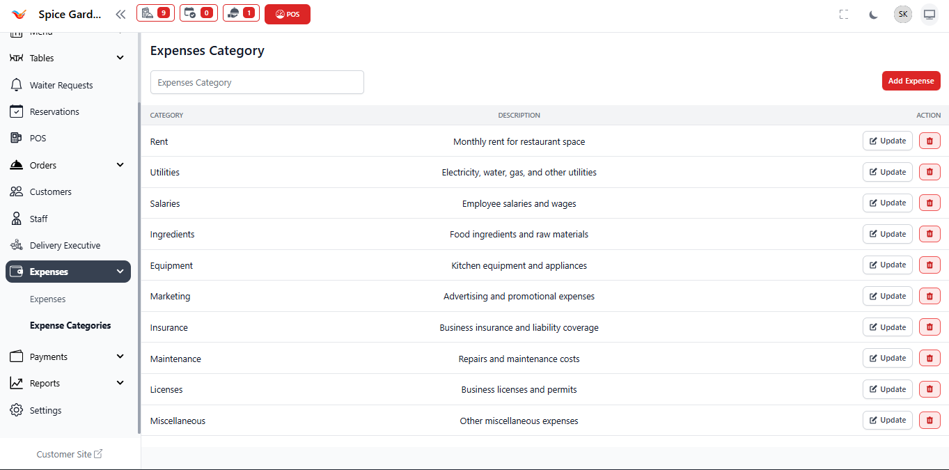 Expense Categories Management