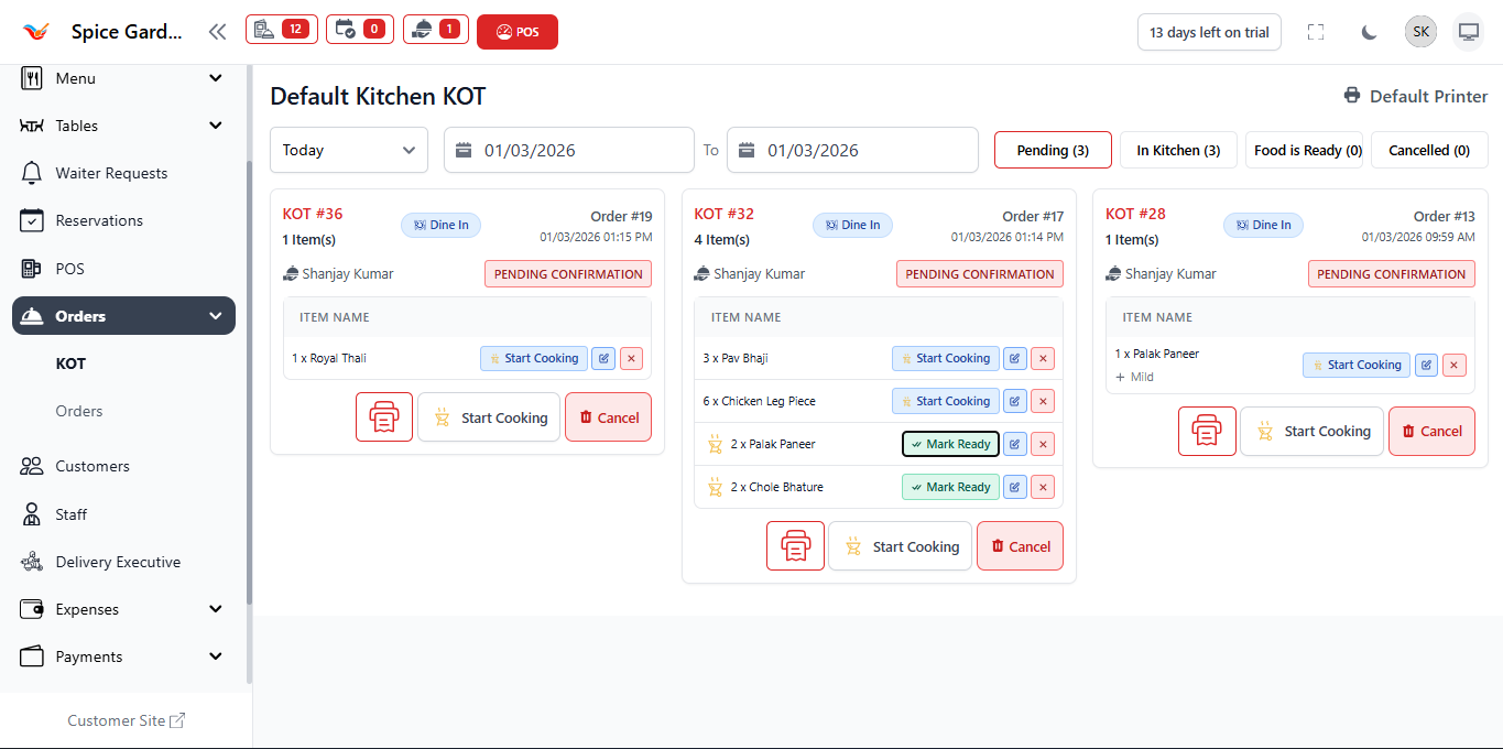 KOT Dashboard Pending Status