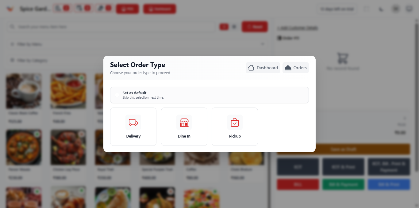 Select Order Type Popup