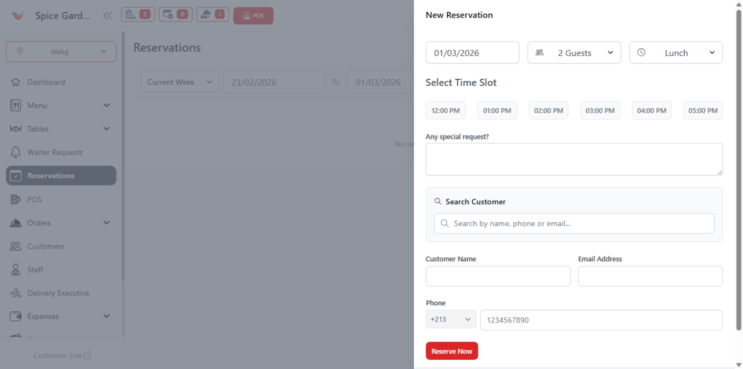 Create Reservation Panel