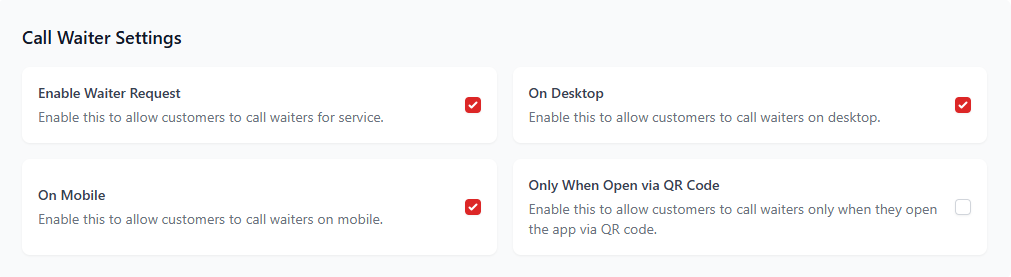 Call Waiter Settings